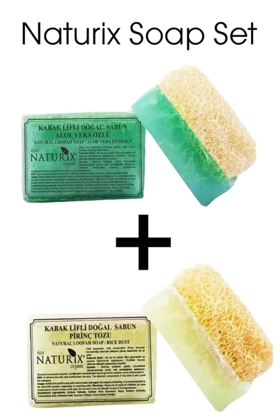 Naturix Kabak Lifli Aloe Vera Özlü Sabun 130 Gr & Kabak Lifli Pirinç Tozu Sabun 130 Gr - 2'li Peeling Etkili ve Nemlendirici Sabun Seti