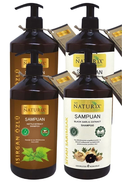 Naturix Kepeğe Karşı Süfatsız ısırgan Otu Özlü Şampuan 2x600ml & Siyah Sarımsak Şampuan Seti 2x600ml
