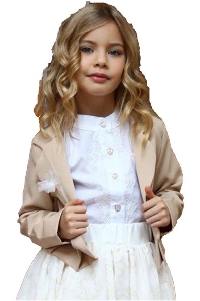 Kız Çocuk Broşlu Ceket ve Şifon Balon Krem Etekli Takım - Resim 4