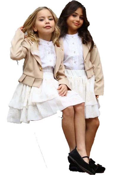 Kız Çocuk Broşlu Ceket ve Şifon Balon Krem Etekli Takım - Resim 3
