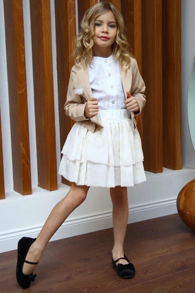 Kız Çocuk Broşlu Ceket ve Şifon Balon Krem Etekli Takım - Resim 5