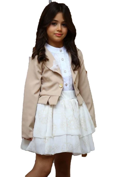 Kız Çocuk Broşlu Ceket ve Şifon Balon Krem Etekli Takım - Resim 2