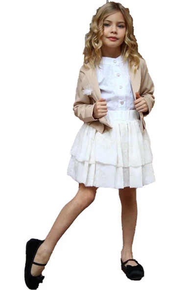 Kız Çocuk Broşlu Ceket ve Şifon Balon Krem Etekli Takım ürün görseli