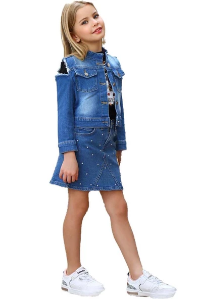 Kız Çocuk Omuzu Yırtmaç Detaylı Taş İşlemeli Jean Mavi Etekli Takım - 4