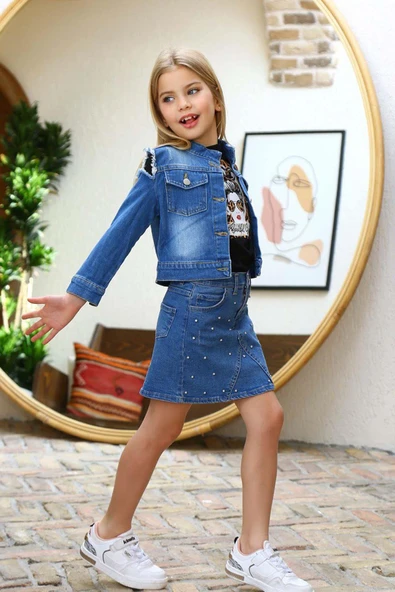 Kız Çocuk Omuzu Yırtmaç Detaylı Taş İşlemeli Jean Mavi Etekli Takım - 8