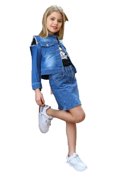 Kız Çocuk Omuzu Yırtmaç Detaylı Taş İşlemeli Jean Mavi Etekli Takım - 3