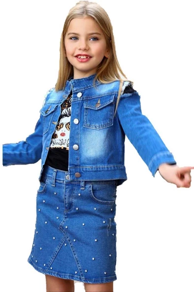 Kız Çocuk Omuzu Yırtmaç Detaylı Taş İşlemeli Jean Mavi Etekli Takım - 2