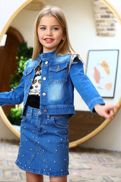 Kız Çocuk Omuzu Yırtmaç Detaylı Taş İşlemeli Jean Mavi Etekli Takım - 6
