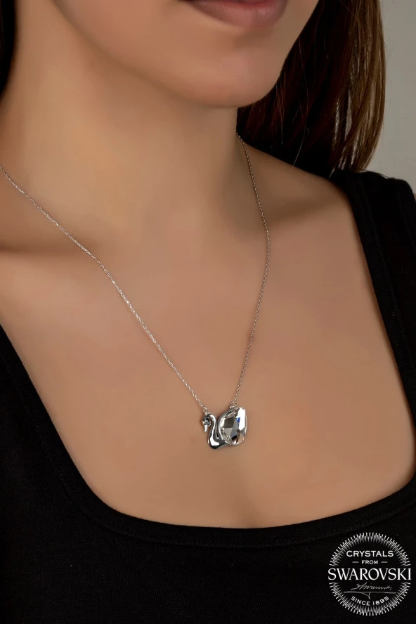 Swarovski Crystal Kadın Beyaz Kuğu Gümüş Kolye - 2