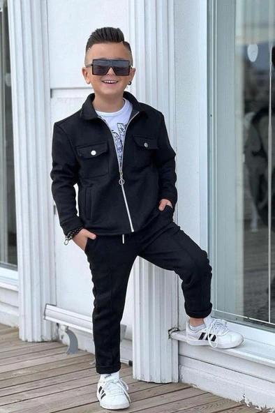 Erkek Çocuk Çıtçıtlı Süet Ceket ve Cımalı Siyah Eşofman Takım - Resim 3