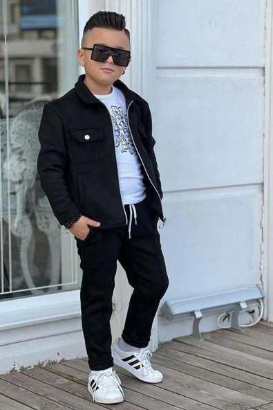 Erkek Çocuk Çıtçıtlı Süet Ceket ve Cımalı Siyah Eşofman Takım - Resim 11