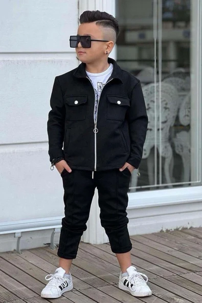 Erkek Çocuk Çıtçıtlı Süet Ceket ve Cımalı Siyah Eşofman Takım - Resim 10