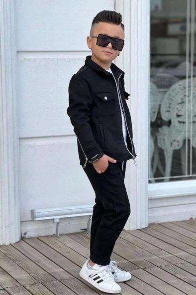 Erkek Çocuk Çıtçıtlı Süet Ceket ve Cımalı Siyah Eşofman Takım - Resim 5