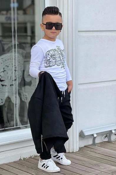 Erkek Çocuk Çıtçıtlı Süet Ceket ve Cımalı Siyah Eşofman Takım - Resim 7