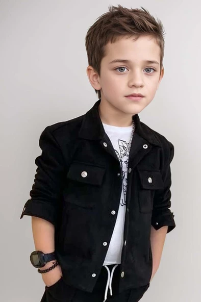 Erkek Çocuk Çıtçıtlı Süet Ceket ve Cımalı Siyah Eşofman Takım - Resim 6