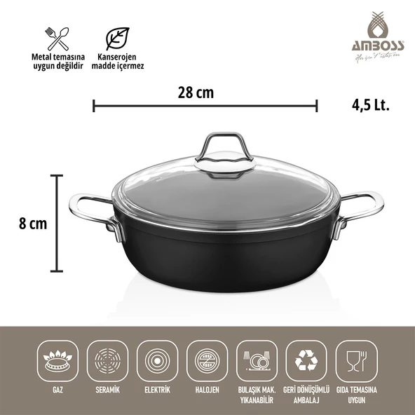 Amboss 3 Parça Dark Yanmaz Yapışmaz Titanyum Kaplama Tencere Tava Seti Kapaklı - 28 cm - 2