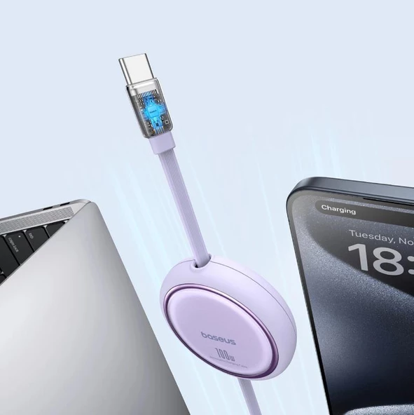Baseus Super Şarj Makaralı 1Mt 100W Type-C Şarj Kablo Laptop Macbook Şarj iPhone 15 15 Pro Max Şarj - 3