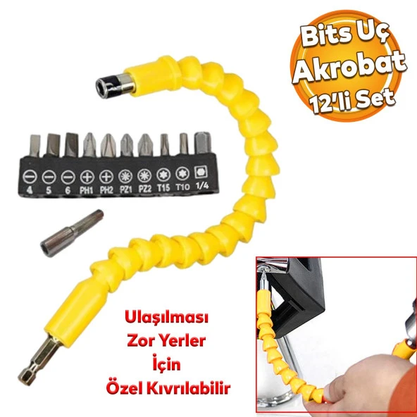 Vida Sıkma Sökme Akrobat Kıvrılabilir Eğilebilir Bits Uç Vidalama Torx Yıldız Düz Uçlar 12 Parça