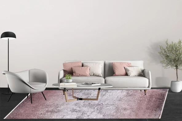 Modern Pembe Dijital Baskı Hipoalerjenik Kaymaz Taban Halı Yolluk HA146 - 5