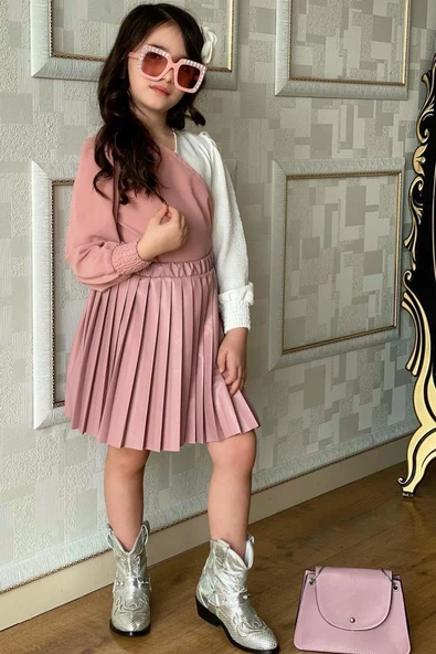 Kız Çocuk Çift Renkli Bluz, Piliseli Pembe Etekli Takım - Resim 7