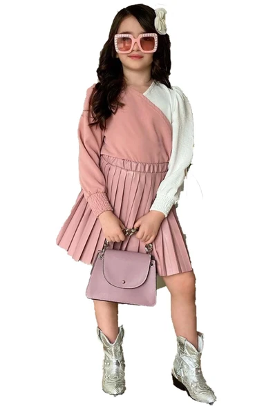 Kız Çocuk Çift Renkli Bluz, Piliseli Pembe Etekli Takım - Resim 11