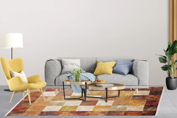 Modern Turuncu Kahverengi Desen Dijital Baskı Hipoalerjenik Kaymaz Taban Halı Yolluk HA211 - Resim 6