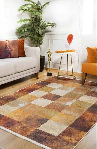 Modern Turuncu Kahverengi Desen Dijital Baskı Hipoalerjenik Kaymaz Taban Halı Yolluk HA211 - Resim 7