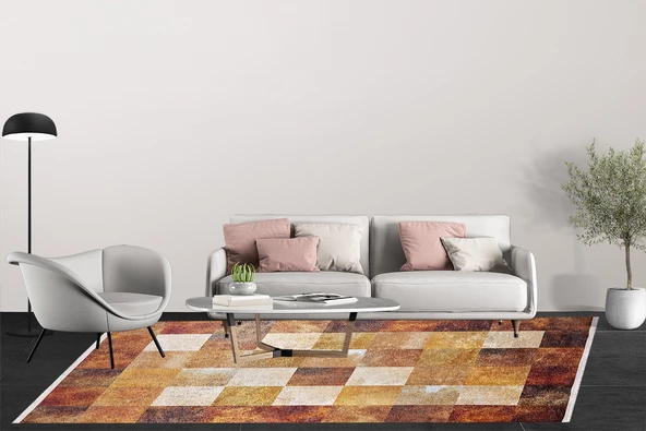 Modern Turuncu Kahverengi Desen Dijital Baskı Hipoalerjenik Kaymaz Taban Halı Yolluk HA211 - Resim 5