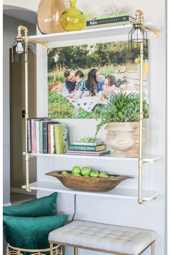 Dekoratif Duvara Borudan Raf Ve Aydınlatma Lambader - Resim 2