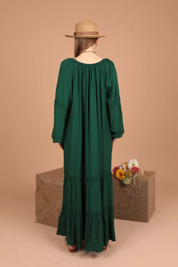 Dantel Espirili ve Kolları Lastikli Viskon Kumaşlı  Oversize / Salaş Kadın Elbise Yeşil Yaz / Bahar - 2