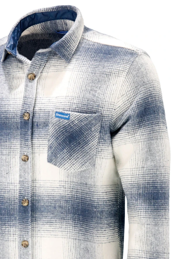 Erkek Ragular Fit Tek Cep Düğmeli Oduncu Mavi Beyaz Gömlek - 4