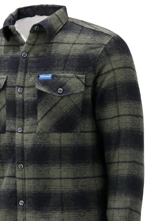 Erkek Regular Fit Peluşlu Çift Cep Kapaklı Çıtçıtlı Oduncu Yeşil Gömlek - 2