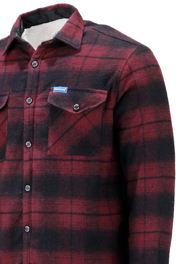 Erkek Regular Fit Peluşlu Çift Cep Kapaklı Çıtçıtlı Oduncu Bordo Gömlek - 4