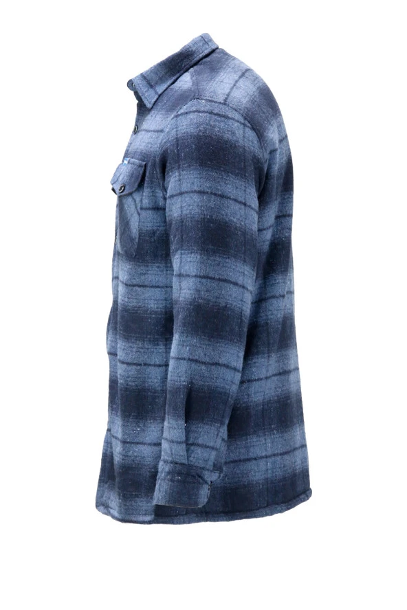 Erkek Regular Fit Peluşlu Çift Cep Kapaklı Çıtçıtlı Oduncu Lacivert Gömlek - 3