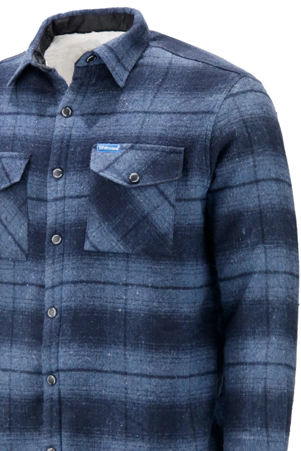 Erkek Regular Fit Peluşlu Çift Cep Kapaklı Çıtçıtlı Oduncu Lacivert Gömlek - 4