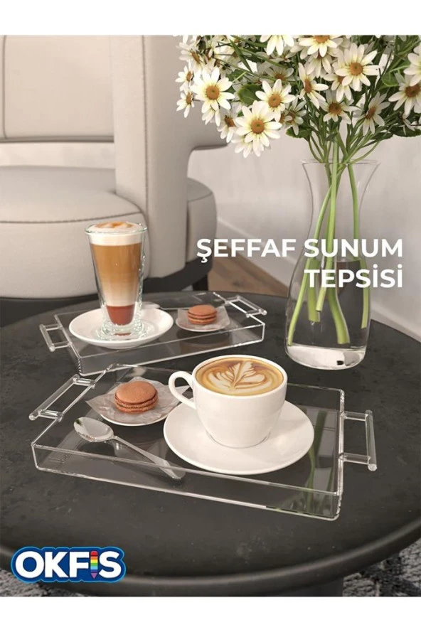 Şeffaf Kulplu Pleksi Sunum Tepsisi 14x22 Cm Servis Tepsisi 1 Adet