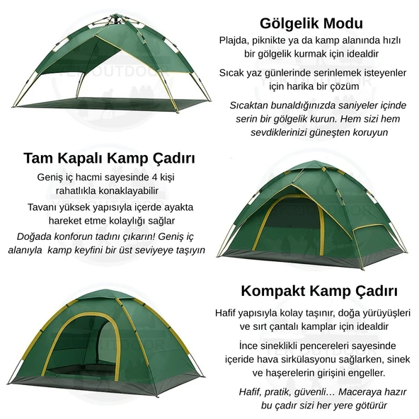 YekOutdoor 4 Kişilik Çift Katmanlı Otomatik Çadır 220x250x160 - 3