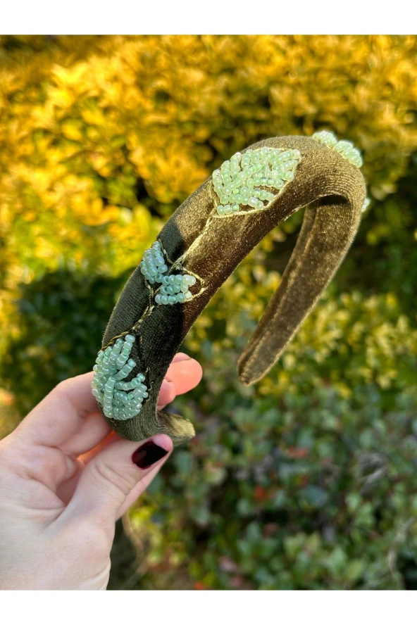 BYM049 Tasarım El Yapımı Kadın Taç Yeşil Nakış Yaprak İşleme Saç Aksesuarı Abiye Kına Nişan Saç Tacı - Resim 4