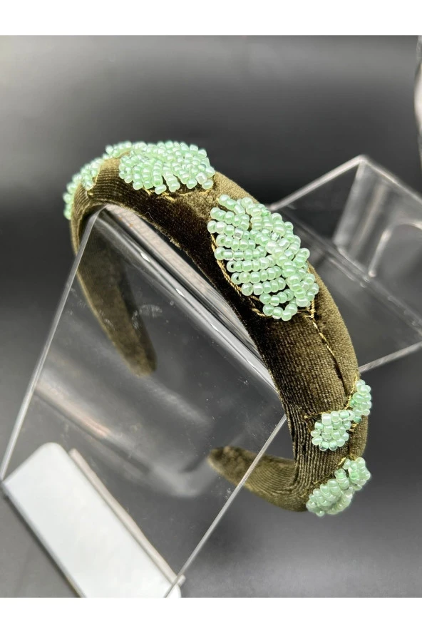 BYM049 Tasarım El Yapımı Kadın Taç Yeşil Nakış Yaprak İşleme Saç Aksesuarı Abiye Kına Nişan Saç Tacı - Resim 2