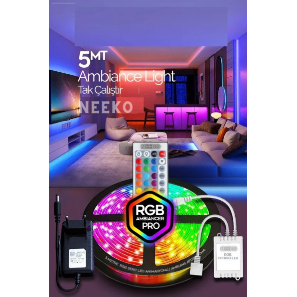 neeko 5mt Şerit Animasyonlu Tak Çalıştır Kumandalı Trafolu Rgb Şerit Işık Aydınlatma Parti Led