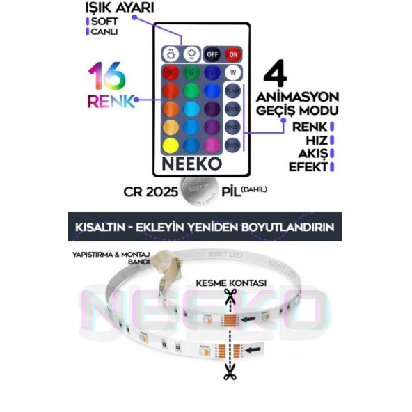 neeko 5mt Şerit Animasyonlu Tak Çalıştır Kumandalı Trafolu Rgb Şerit Işık Aydınlatma Parti Led - 4