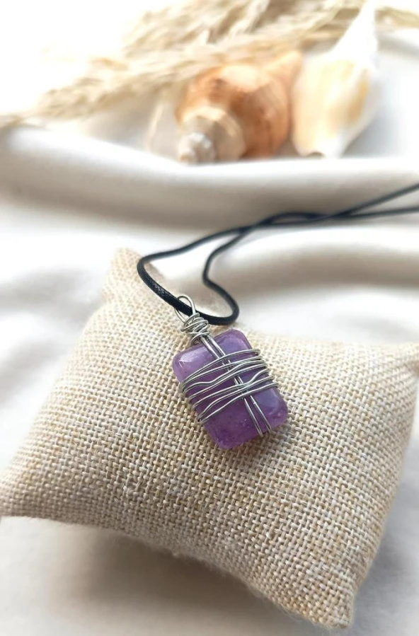 Kolye Gerdanlık Doğal Taş Ametis Tel Sarmal Çakra Yoga Reiki Kadın - Resim 2