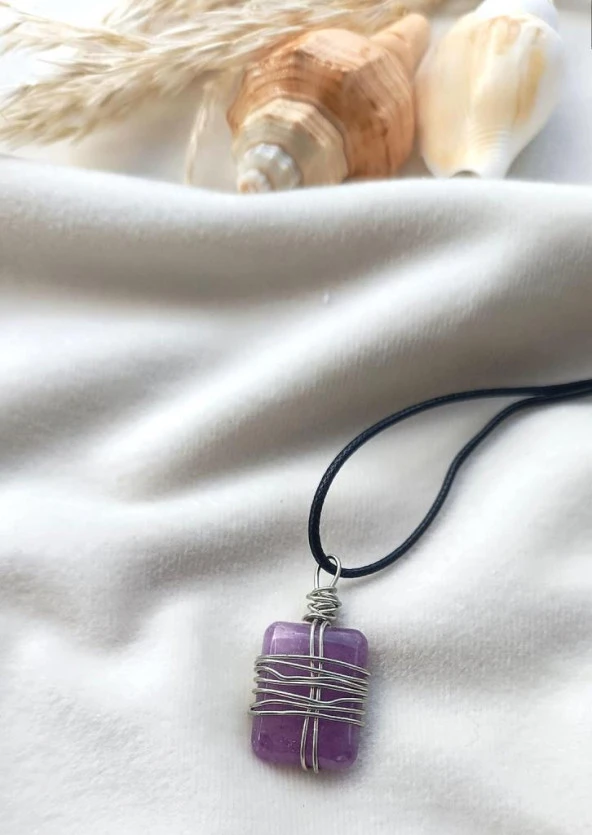 Kolye Gerdanlık Doğal Taş Ametis Tel Sarmal Çakra Yoga Reiki Kadın - Resim 3