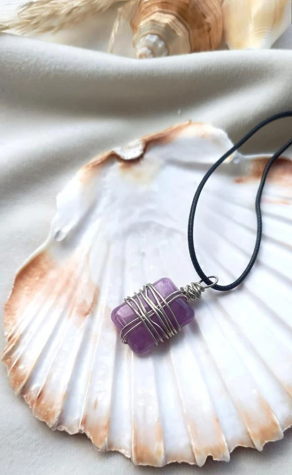 Kolye Gerdanlık Doğal Taş Ametis Tel Sarmal Çakra Yoga Reiki Kadın - Resim 4