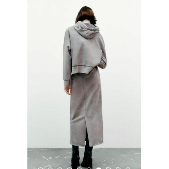 Zara Yıkamalı Arkası Yırtmaçlı Denim Etek - 3