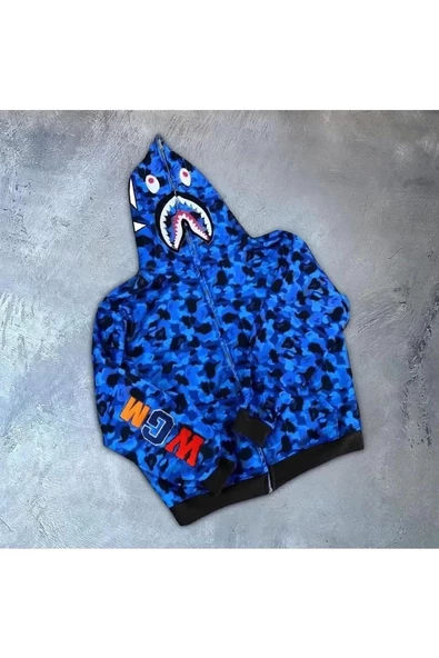 Unisex 2 İplik Bape Kapüşonu Fermuarlı Hırka - Mavi