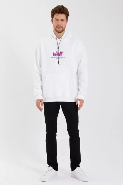 Erkek Baskılı Üç İplik Kapüşonlu Oversize Sweatshirt - Beyaz