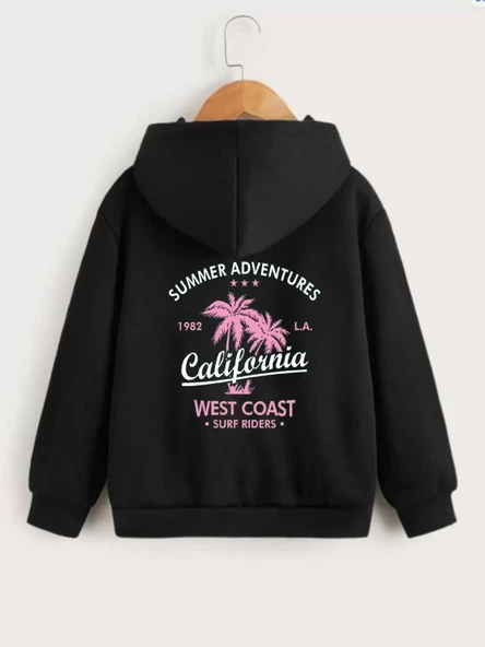 Çocuk Unisex Kapüşonlu Ön ve Arka California Baskılı Sweatshirt - Siyah