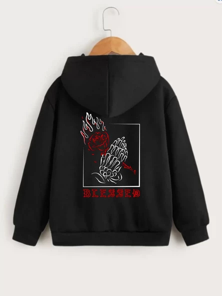 Çocuk Unisex Kapüşonlu Ön ve Arka Blessed Baskılı Sweatshirt - Siyah