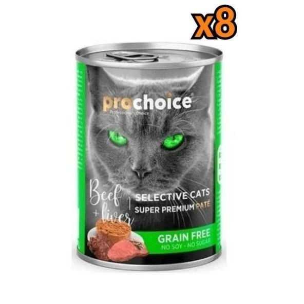 Pro Choice Seçici Kediler için Sığır Etli ve Ciğerli Şekersiz Tahılsız Ezme Kedi Konservesi 400 grX8